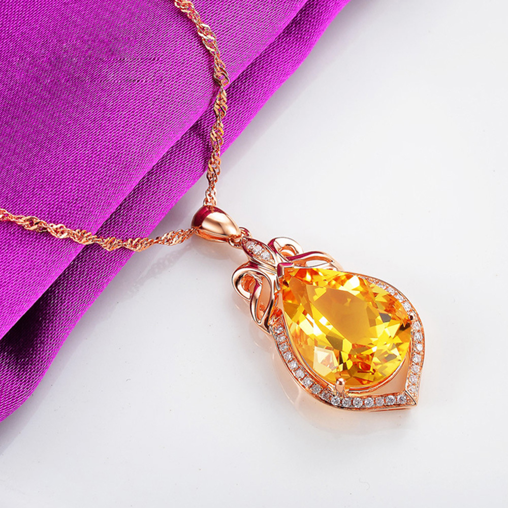 Citrine Pendant Drop Shape 18k Rose Gold Plated Yellow Diamond Pendant Colorful Jewelry Necklace
