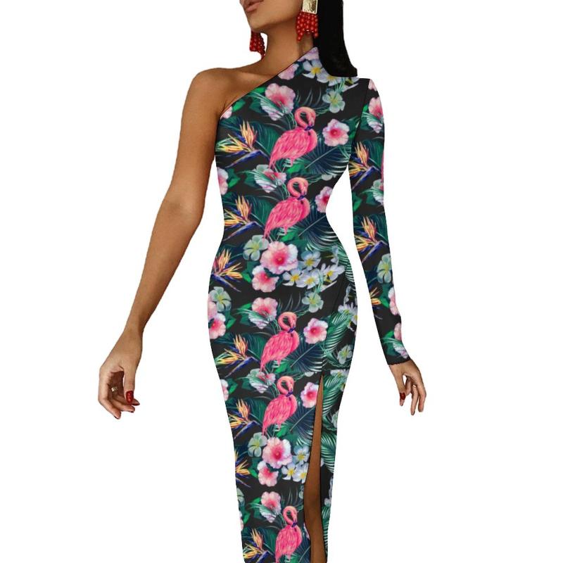 

Casual Dresses Forest Palm Leaves Long Dress Floral And Flamingo Print Aesthetic Maxi Sleeve Sexy Bodycon Side Split VestidoCasual, Style-1