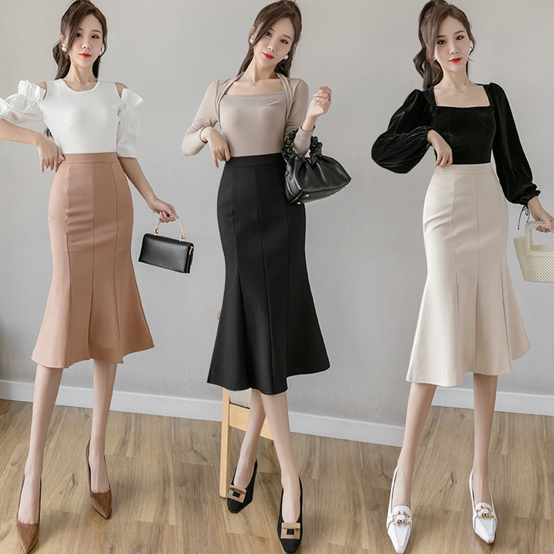 Women High Waist Midi Skirts Plus Size Ruffles Black Khaki Beige Office OL Skirt Fashion Package Hip Mermaid Womens 220317