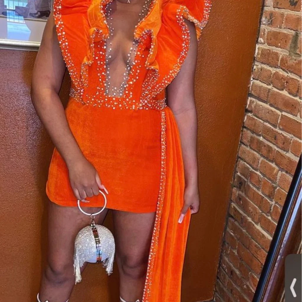 Sexy Short African Orange Prom Dress Plus Size Mini Short Cocktail Party Dresses With Pearls Luxury Velvet Evening Gowns 2022 Elegant Robes De Soirée 
