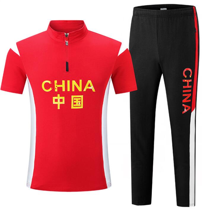 Men's Tracksuits Summer Athletes Running Jacket + Pants Chinese Team Sportswear Cotton Martial Arts Student Short Sleeve Top Unisex Training Suit