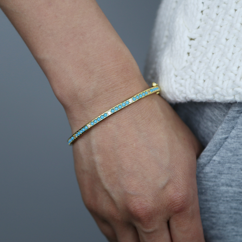 Women's Hand Bracelet: Gold Sparkg CZ Blue Turquoise Stone Bangle Jewelry