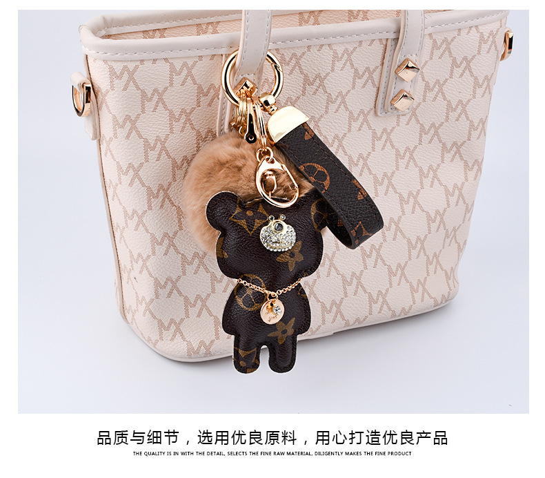 Fashion keychain Cute bear Print Pattern PU leather keychains Car Accessories Key Ring Lanyard Key Wallet Chain Rope Chain set