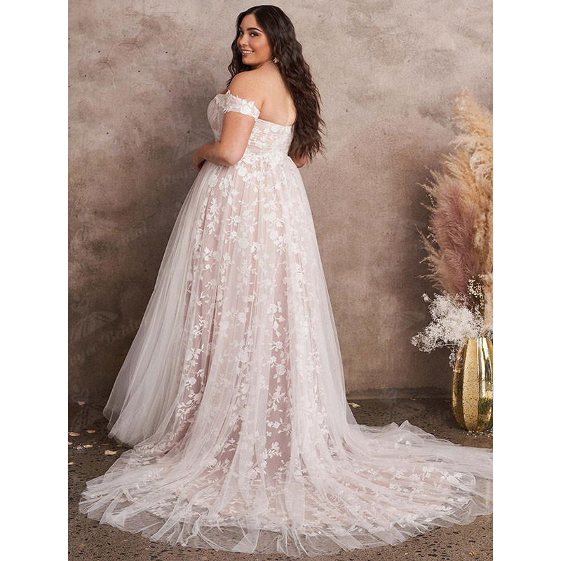 Plus Size Beach Wedding Dresses 2022 Full Lace Tulle vestido de novia Off Shoulder Bohemian Pleats V Neck Bridal Gown