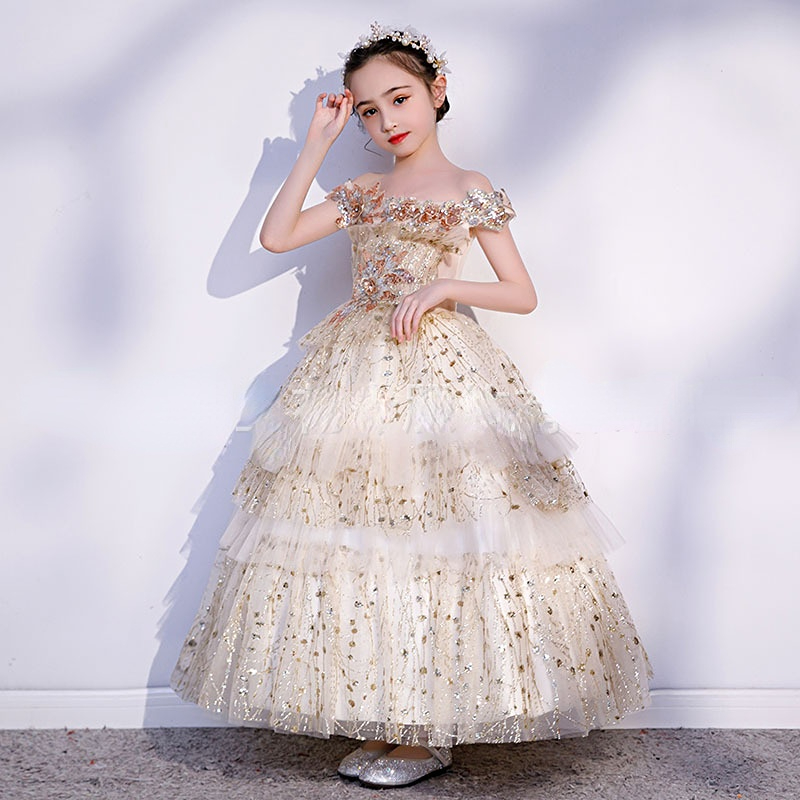 Pageant For Girls Off Shoulder Wer Girl Dresses White Ivory Champagne Kids Ball Gowns Wedding Dress Sash Beading Belt 403 6660311