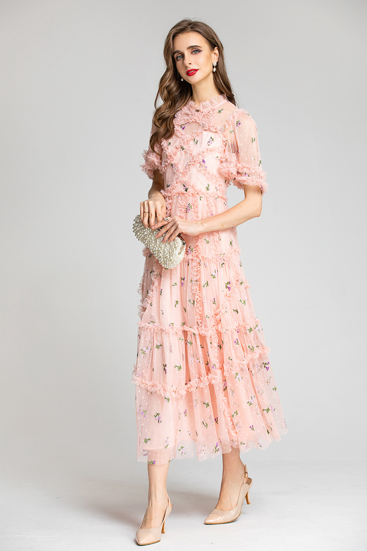 Women's Runway Dresses O Neck Short Sleeves Embroidery Ruffles Printed Elegant Long Party Evening Prom Gown