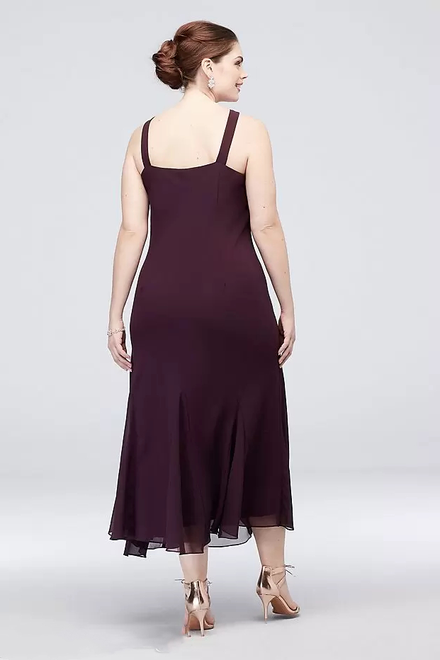 Elegant Tea Length Chiffon Mother Of The Bride Dresses Suits With Jacket Luxury Beaded Dusty Grape Wedding Guest Dress 2 Piece Groom Mothers Party Pro
