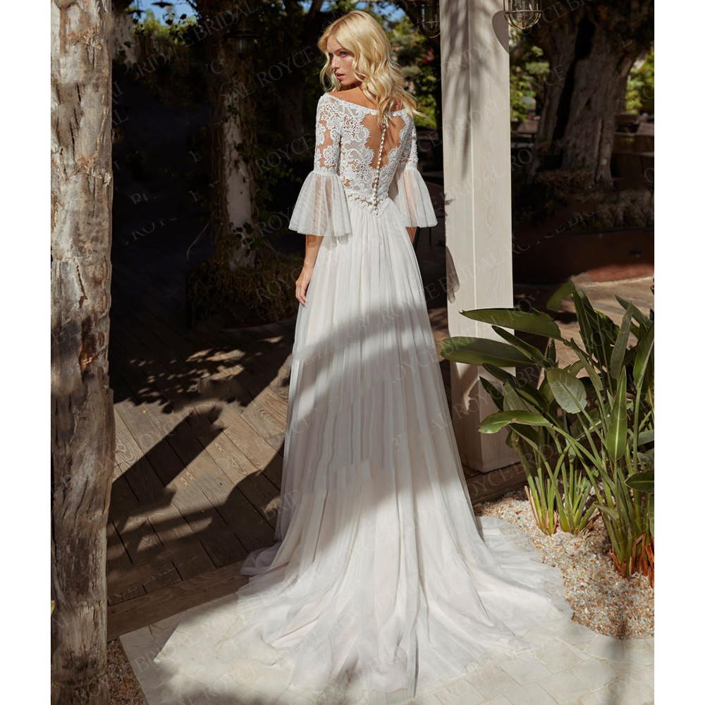 Vintage Beach Tulle lace Wedding Dresses with Tulle Bell Sleeves Elegant V-neckline Bohemian Lace Bridal Gowns vestido de casamento