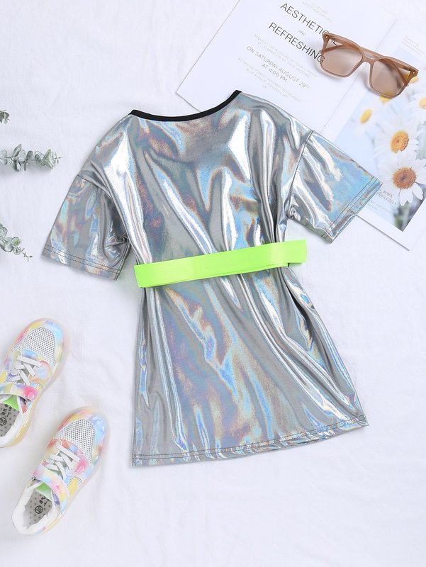 Toddler Girls Contrast Binding Holographic Belted Metallic Dress SHE