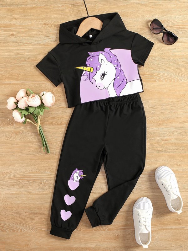 Toddler Girls Cartoon Graphic Hooded Tee & Heart Print Sweatpants SHE