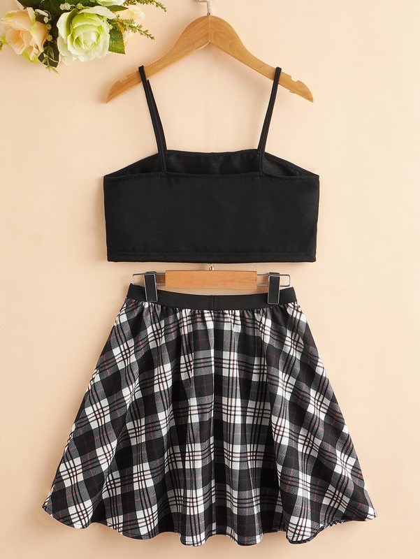Girls Crop Cami Top & Plaid Flare Skirt SHE