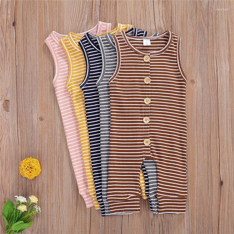 

Jumpsuits 0-12M Born Cotton Romper Baby Boy Girls Sleeveless Stripe Print Button Infant Toddler Soft Outfit Sunsuit Clothes, Gray