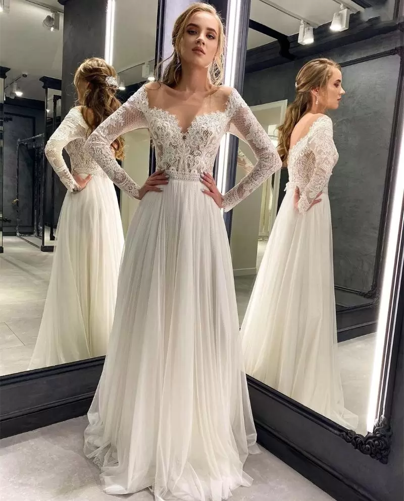 Boho Wedding Gorgeous Dresses Bridal Gown with Long Sleeves Lace Applique Floor Length Tulle Custom Made Beach Vestido De Novia