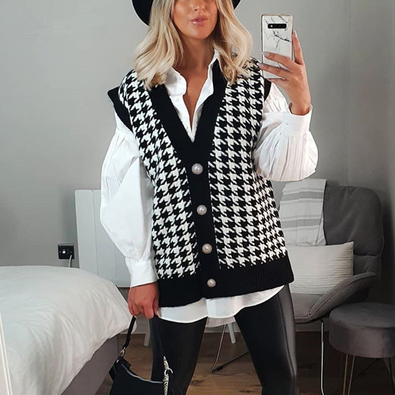 Wool Vest Cardigans Woman Autumn Winter Houndstooth Casual Black Sleeveless Sweater Women Loose Knitted Fashion Jumper 220325