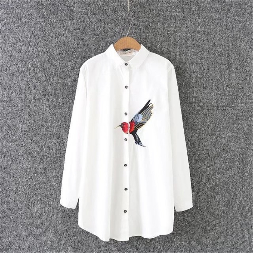new oversize shirt spring big size Women long Shirt Cotton Blouses Style Clothing Embroidery Ladies Shirts plus size T200321