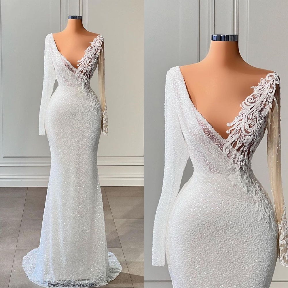 White Mermaid Wedding Dresses Long Sleeve V Neck Appliques Sequins Beads Lace Elegant Illusion Custom Made Bridal Dresses Robe De Mariée