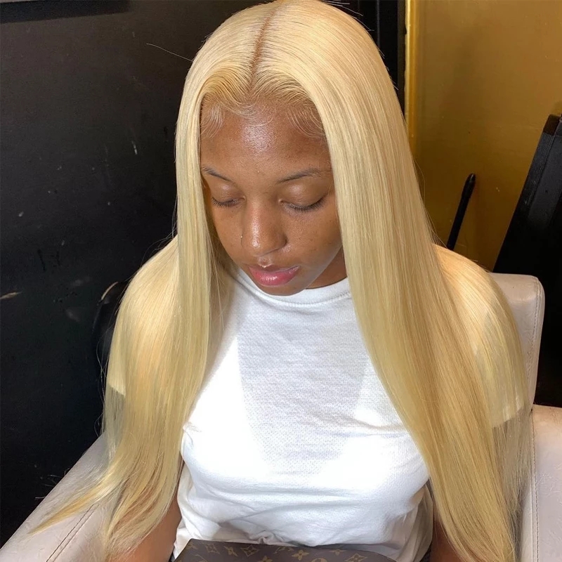Free shipping 28 inch Long Bone Straight 13x4 Brazilian Front Wig 613 Honey Blonde Synthetic Lace Frontal Wigs For Women