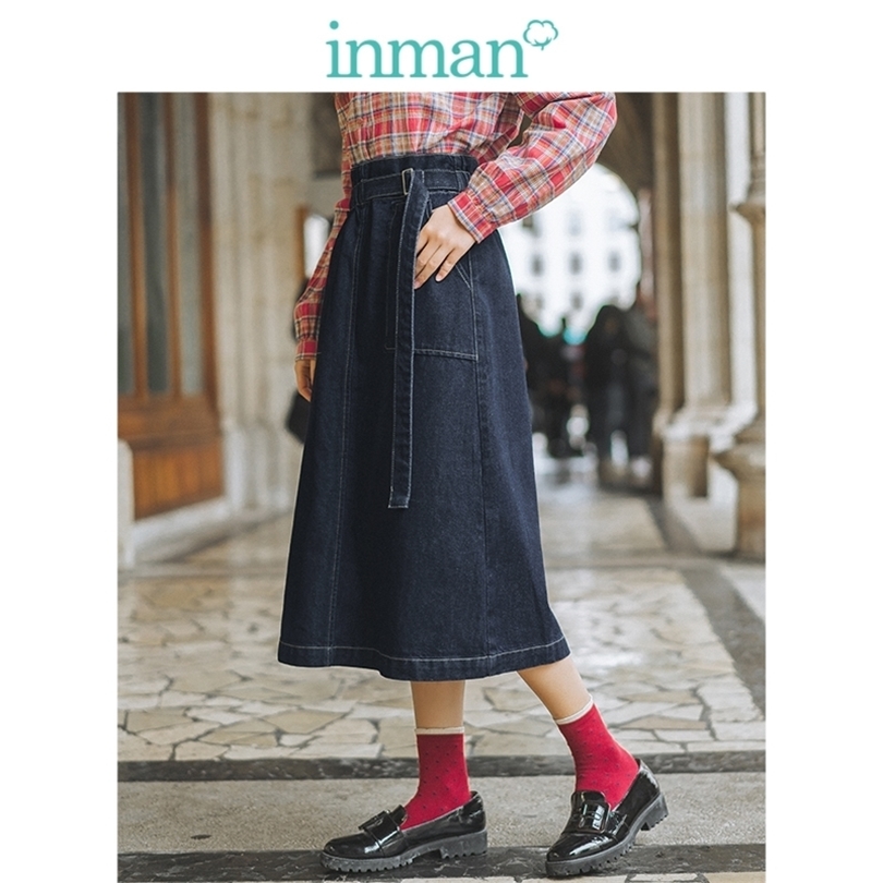 INMAN Spring Autumn Elastic Waist Fashion All Matched Patch Pocket Casual Literary Retro Women Medium Jean Skirt T200113