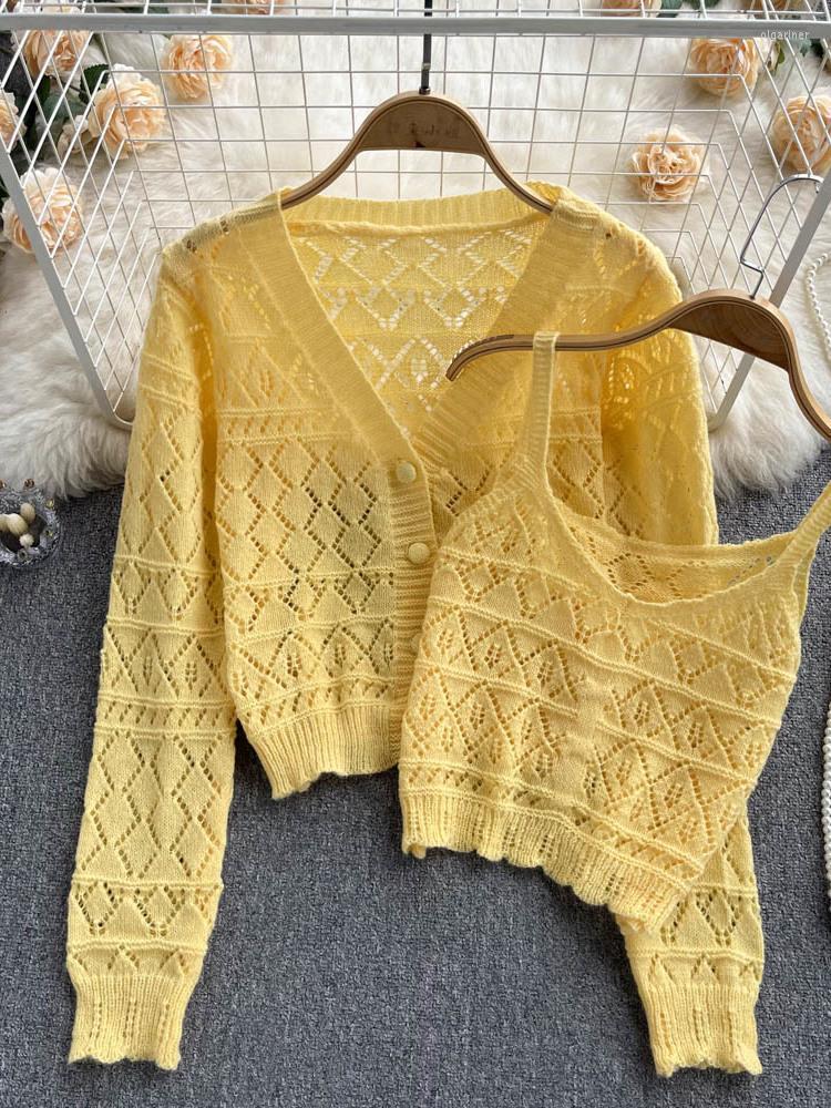 Women's Knits & Tees Foamlina Summer Women Knit 2 Piece Set Fashion V-neck Long Sleeve Hollow Out Thin Sweater Cardigan And Cropped Camis To, Green
Women's Knits & Tees Foamlina Summer Women Knit 2 Piece Set Fashion V-neck Long Sleeve Hollow Out Thin Sweater Cardigan And Cropped Camis To, Green