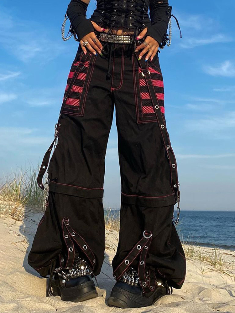 Rapcopter Bandage Chain Cargo Pants Low Waisted Baggy Pockets y2k Grunge Goth Black Trousers Sweatpants Punk Joggers Women 90s 220707