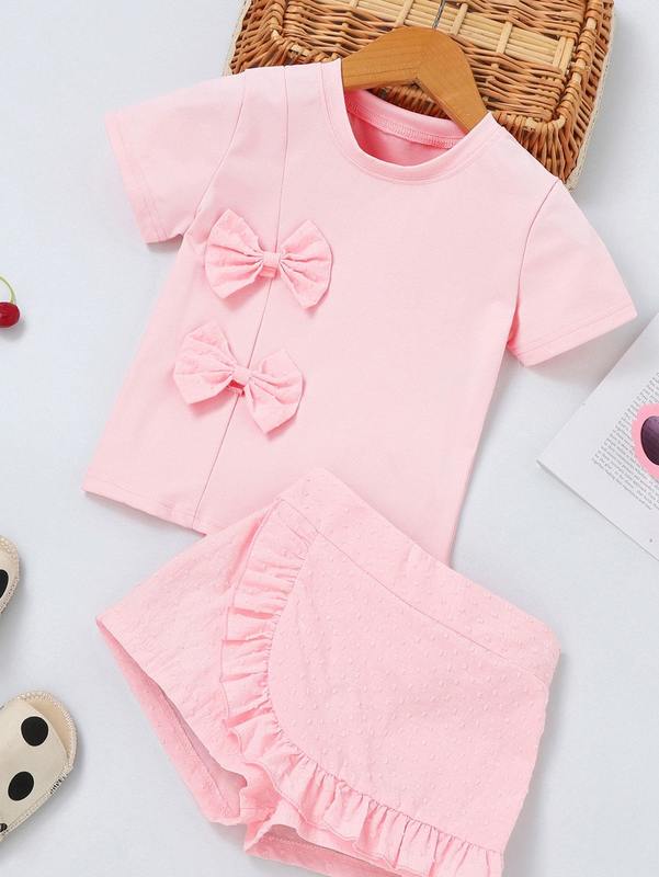 Toddler Girls Bow Front Tee & Swiss Dot Ruffle Trim Skorts SHE