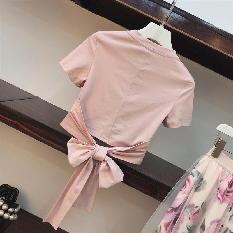 Skirts High Quality Women Irregular T-Shirt Mesh Long Skirt Suits Bowknot Solid Top Vintage Floral Sets Elegant Woman 2 Piece Set