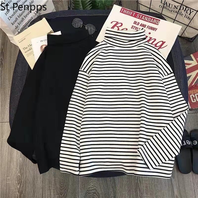 T shirt Long Sleeve Loose Striped Solid Turtleneck Womens All match Simple Leisure Korean Style Trendy Chic Soft 220714