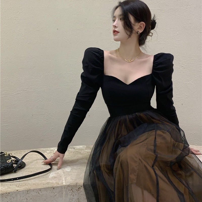 Black Elegant Skirt Suit Women Winter France Vintage Set Woman 2 Pieces Chic Korea Y2k Blouse + Gauze Party Midi 220317