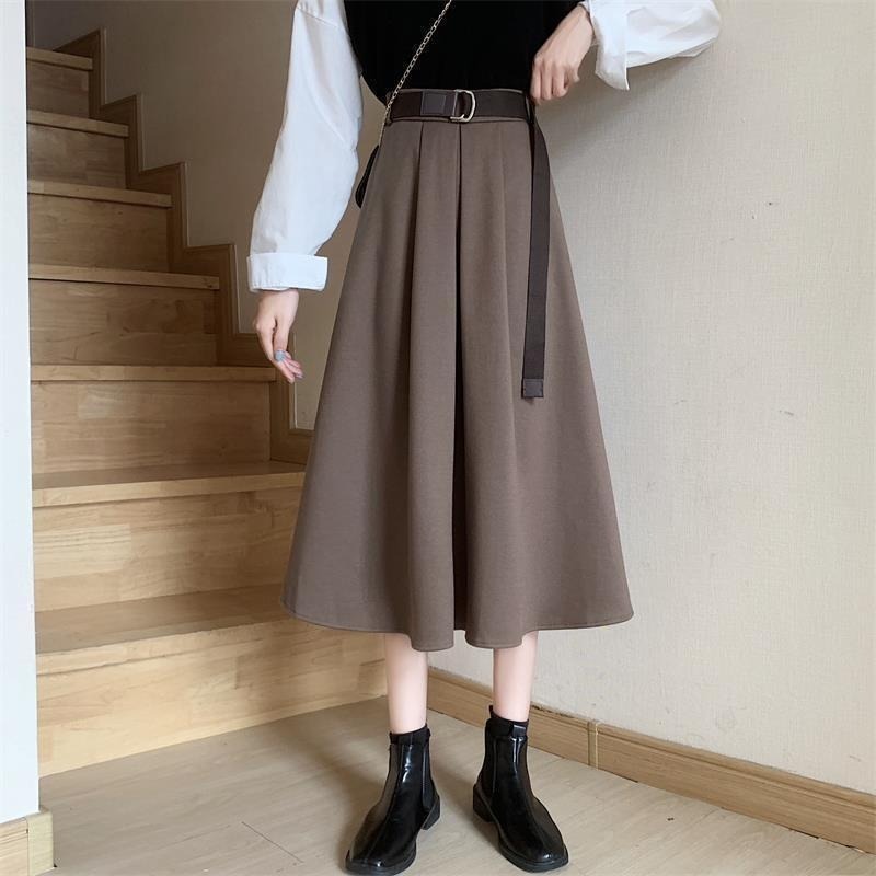 Solid Skirts Women Midcalf High Waist Friends Korean Style Elegant College Spring Autumn Allmatch Jupe Mujer Faldas Female Ins 220701