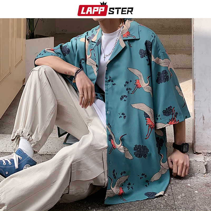 LAPPSTER Mens Crane Print Shirts Harajuku Summer Vintage Button Up Short Sleeve Male Korean Fashions Smooth Blouses 220322