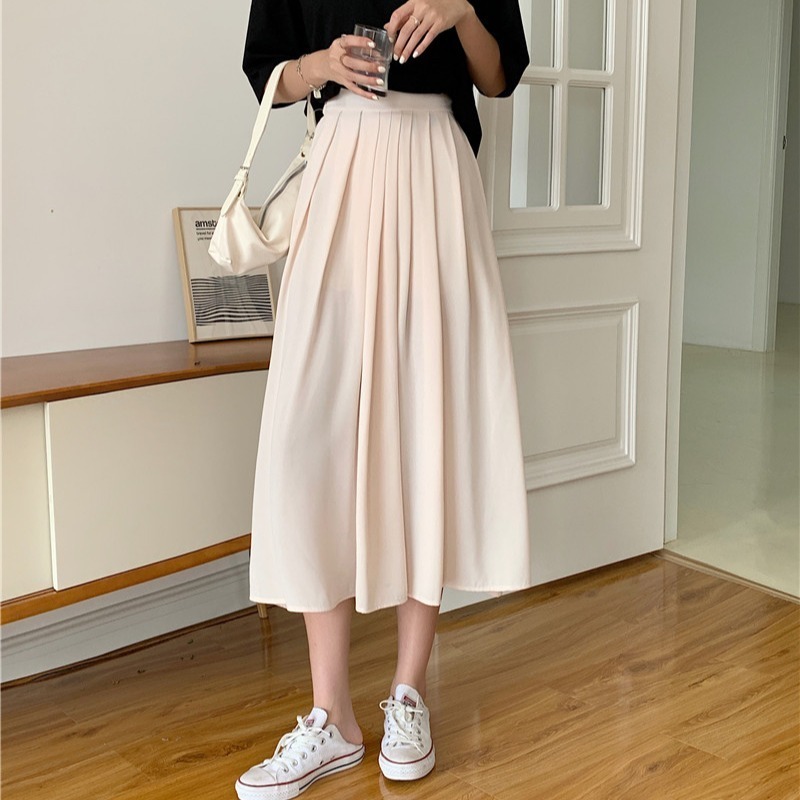 Y2KA-line Pleated Skirt Women's Summer Black Green Elastic High-waisted Midi Long Simple Saia Mujer Faldas 220317