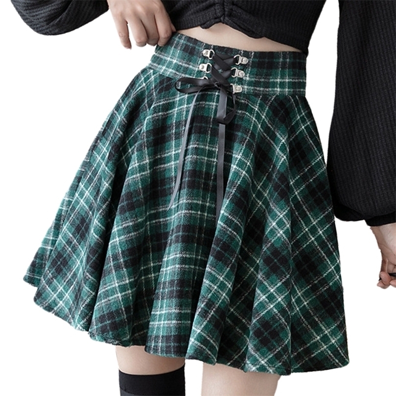Gothic Punk Harajuku Women Skirt Plaid Print Lace Up Hip Hop Winter Casual Green Grey Red Goth Pleated Woolen Skater Streetwear 220317