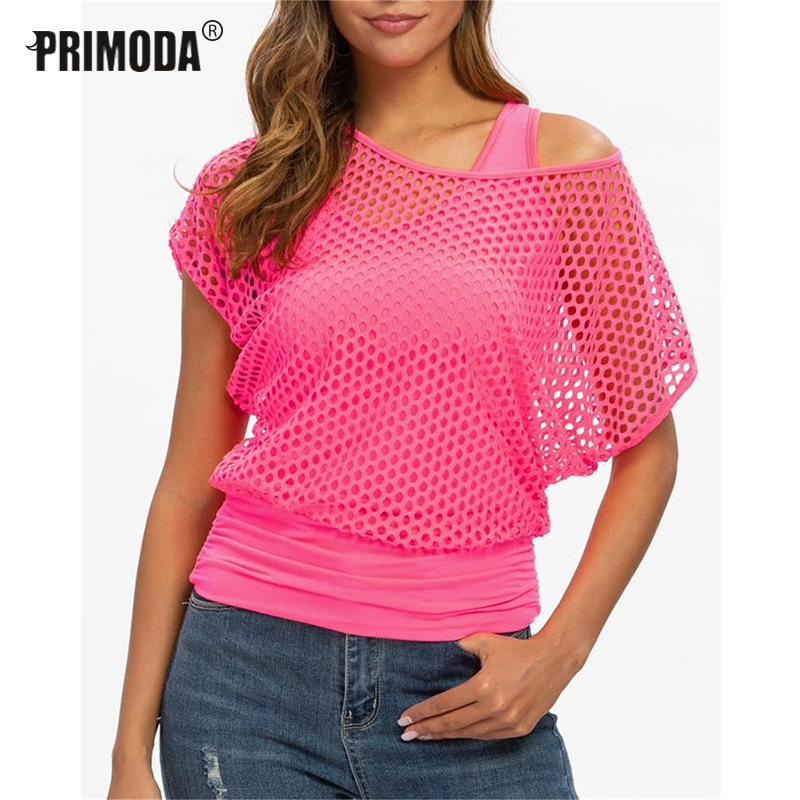 Short Sleeve Casual Neon Green Sexy Hollow Out Mesh Cover T Shirt and Tank Tops Women Fashion Grid Blusa PR1005G 220325