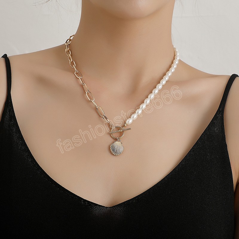Simple Shell Pendant Necklace Casual Metal Gold Color Link Chain Simulated Pearl Beads Necklaces Women Jewelry