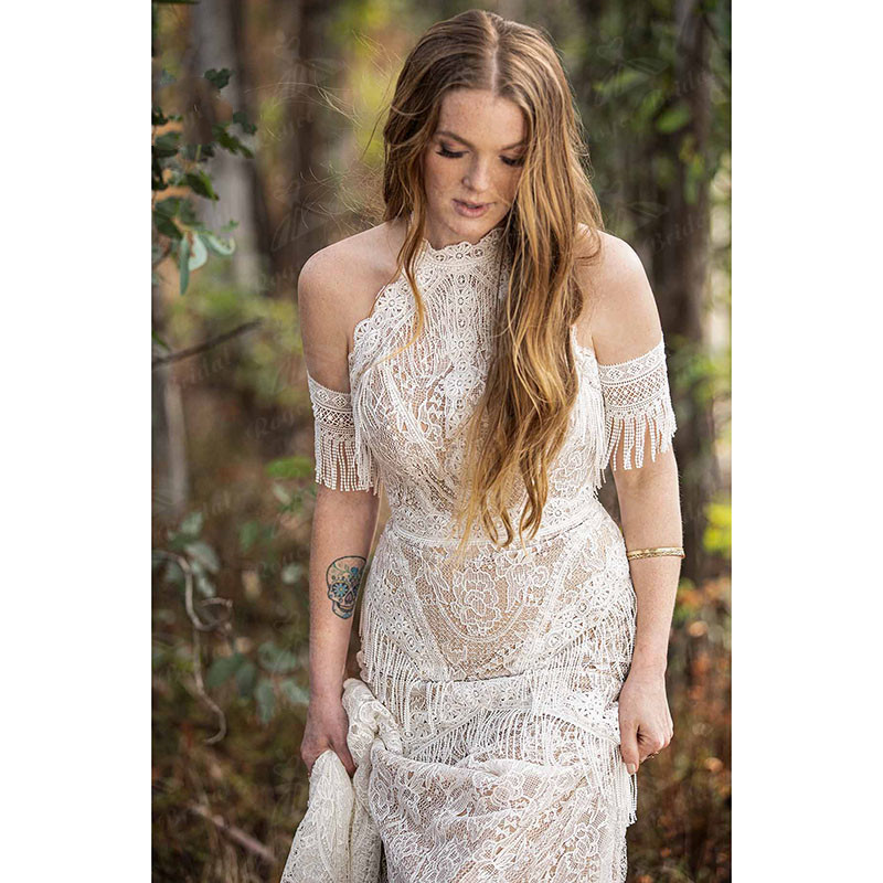 Bohemian Beach Mermaid Wedding Dresses 2022 Country Garden Halter Corchet Lace Tassel Sweep Train Bridal Gowns Abito da sposa