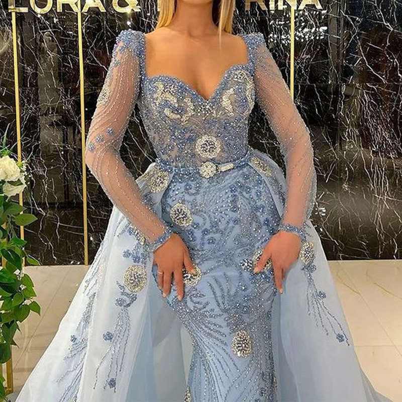 Blu Mrmaid Prom Drsss Princss Lac Appliqus Squins Long Ss Satin Swthart Straplss Floor Lngth Dtachabl Train Party Gowns Plus Siz Custom 0431