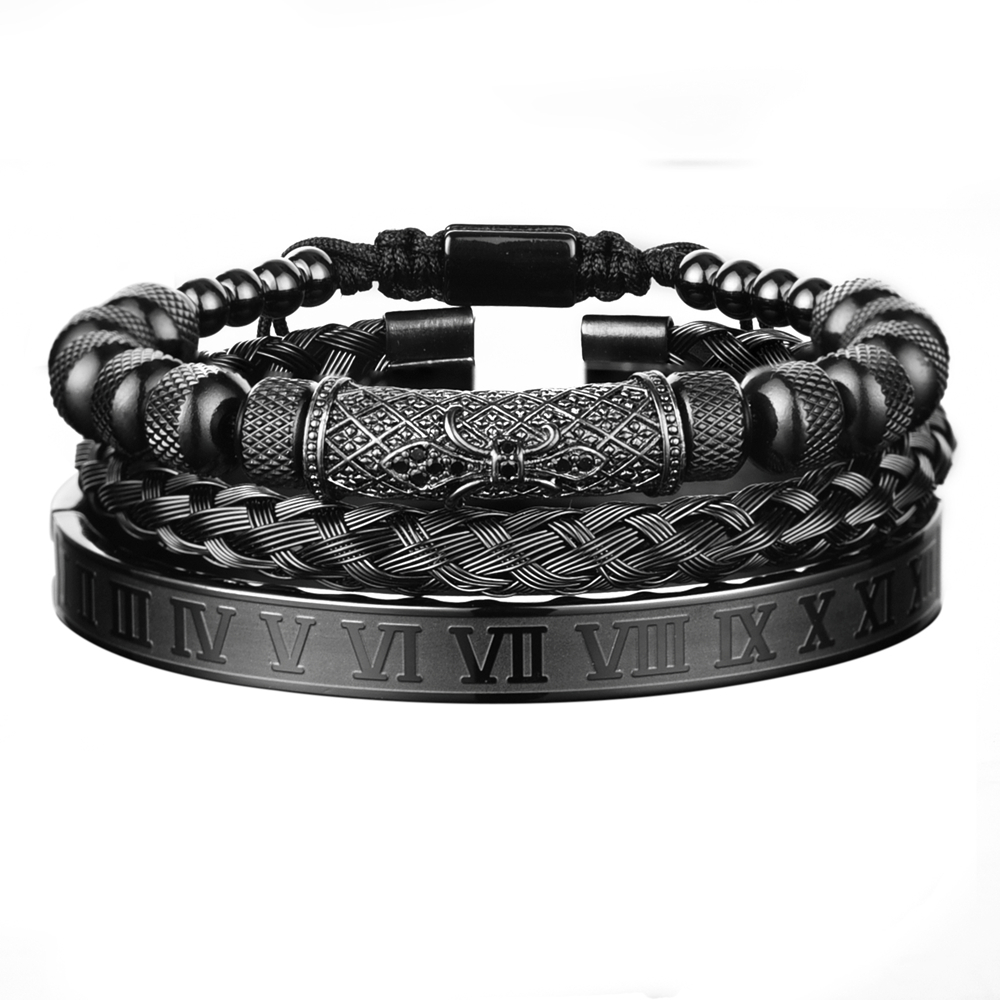 Luxury 3pcs/Set Flower Charm Gold Bangles Stainless Steel Bracelet Men Roman Number Europe Fashion Jewelry Gift For Male Female