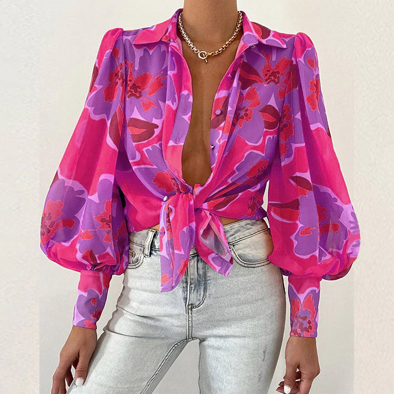 V neck Print Women s Cropped Blouse Pleated Lantern Long Sleeve Button Female Shirt Spring Summer Basic Street Shirts Top 220810