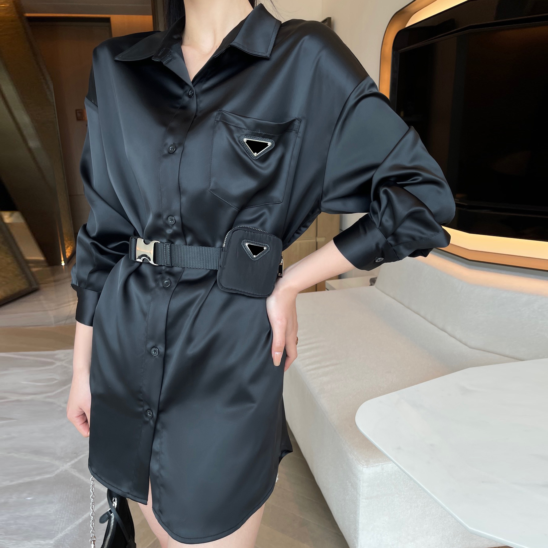 Stylish Designer Waist Bag Shirt Dresses Metal Triangle Label Dress Women Lapel Neck Belt Buckle Silk Dress, Black
Stylish Designer Waist Bag Shirt Dresses Metal Triangle Label Dress Women Lapel Neck Belt Buckle Silk Dress, Black