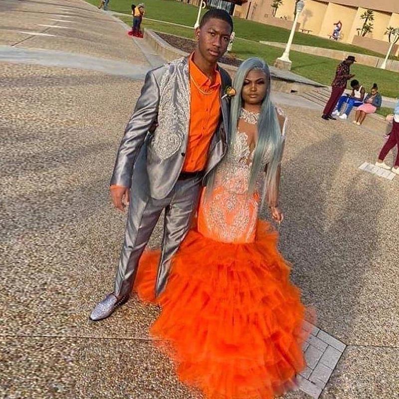 Aso Ebi Style Plus Size Orange Mermaid Prom Dresses Full Sleeves Sheer Applique Lace Tiered Ruffles Evening formal engagemtn Gown