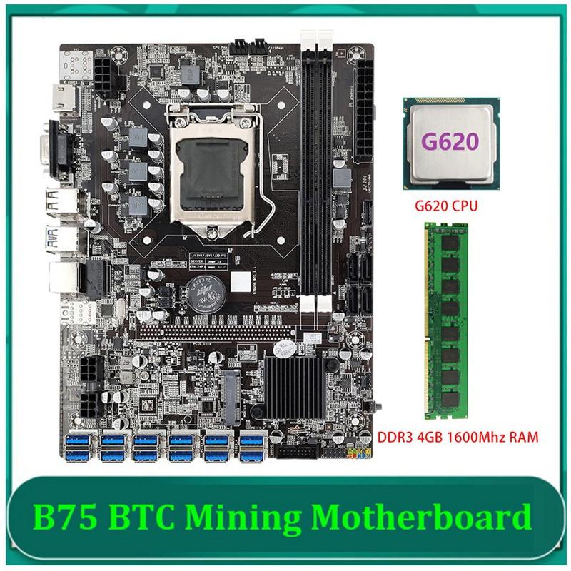 

Motherboards B75 BTC Mining Motherboard 12 PCIE To USB Adapter With G620 CPU+DDR3 4GB 1600Mhz RAM LGA1155 ETH