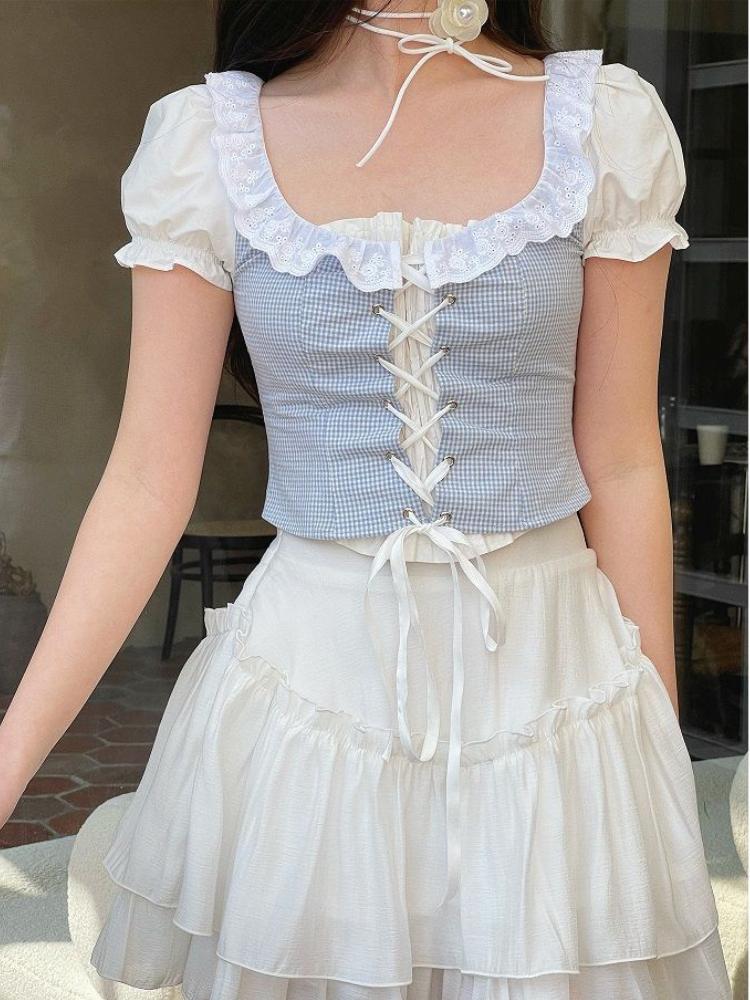 Women' Blouses & Shirts Kawaii Blue Plaid Shirt Women Lace Patchwork Puff Sleeve Lace-up Vintage Lolita Cute Fake Two-piece Crop TopWomen
Women' Blouses & Shirts Kawaii Blue Plaid Shirt Women Lace Patchwork Puff Sleeve Lace-up Vintage Lolita Cute Fake Two-piece Crop TopWomen