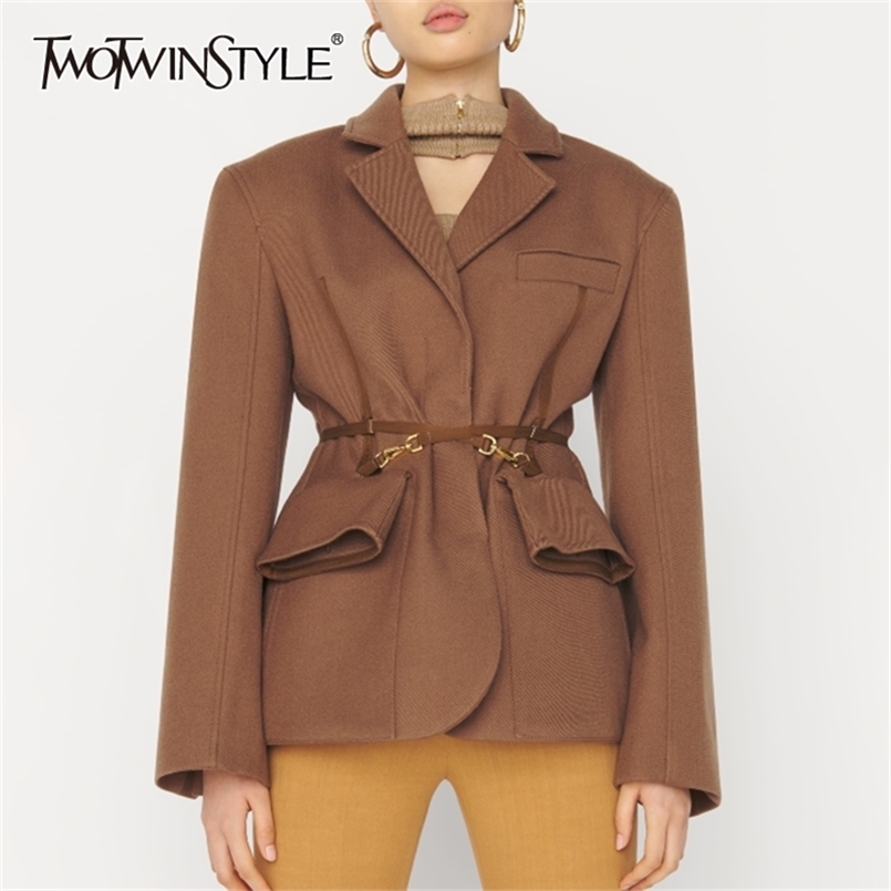 TWOTWINSTYLE Casual Slim Solid Belt Pocket Blazer Notched Long Sleeve Split Gathered Waist Coat For Women Autumn Style 220402, Khaki
TWOTWINSTYLE Casual Slim Solid Belt Pocket Blazer Notched Long Sleeve Split Gathered Waist Coat For Women Autumn Style 220402, Khaki