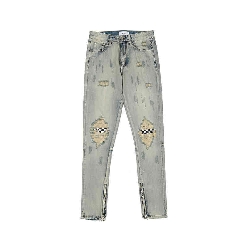 Gaojie chaopai chessboard patch replenishment washing used jeans micro horn zipper casual pants, Light blue
Gaojie chaopai chessboard patch replenishment washing used jeans micro horn zipper casual pants, Light blue