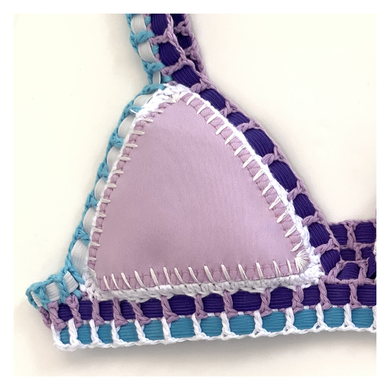 Women Sexy Swimwear with Elastic Swimsuit Handmade Crochet Lilac Bikini Sets 220611