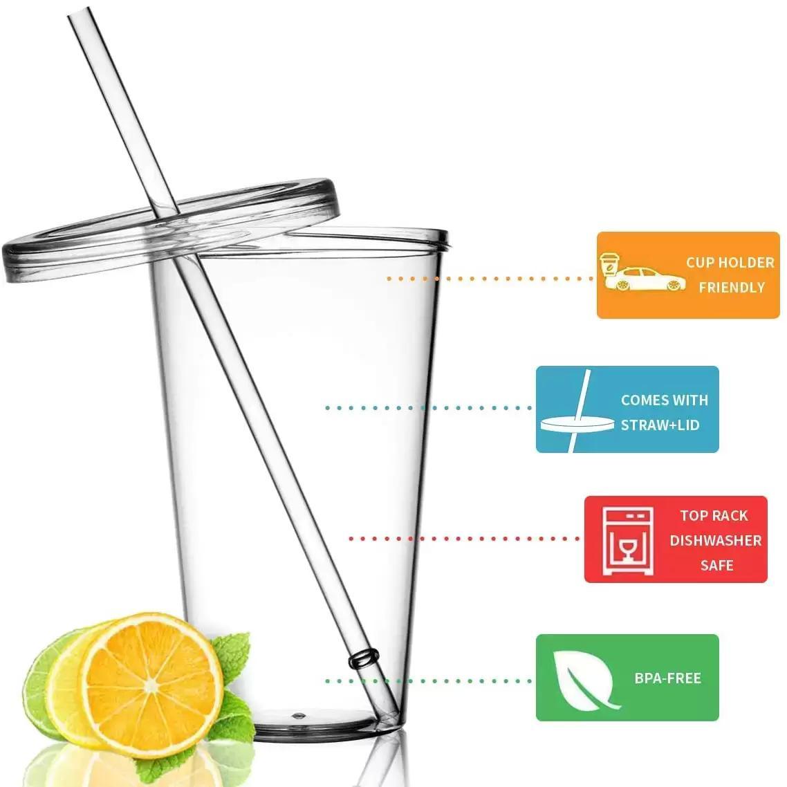 16oz Plastic Tumblers Double Wall Acrylic Clear Drinking Juice Cup With Lid And Straw Coffee Mug DIY Transparent Mugs FY53911970574