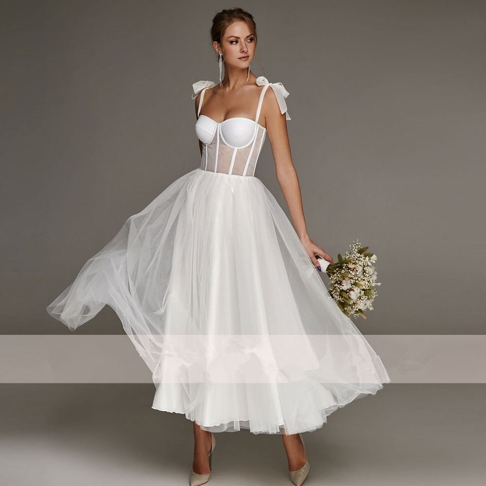 Bow Spaghetti Strap Sheath Wedding Dress Ankle Length A Line Backless Sleeveless Tulle Lace Plus Size Custom Made Simple And Stylish