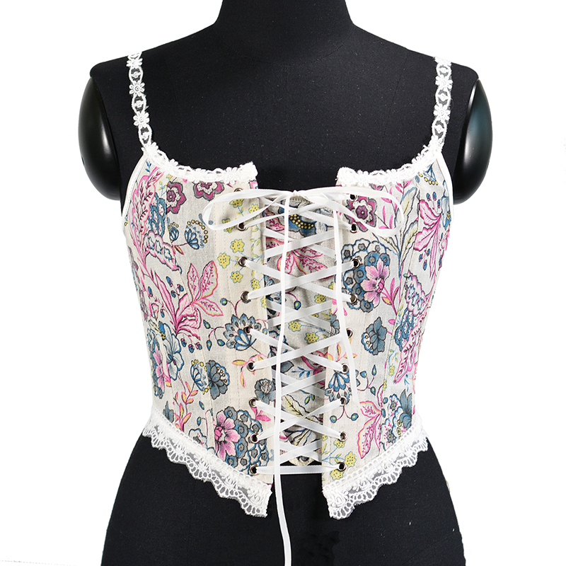 Women Floral Lace Camis Cropped Corset Fashion Linen Flower Printed Tanks Vintage Plastic Boned Overbust Bustier Tupe Tops Cyber Baby Tee Ropa Fairyco