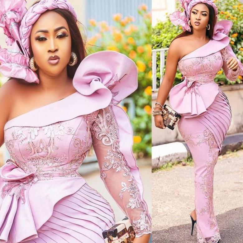 Modest Arabic Aso Ebi Pink Evening Dresses One Shoulder Lace Applqiue Ruffles Mermaid Prom Gowns Formal Party Second Reception Gowns
