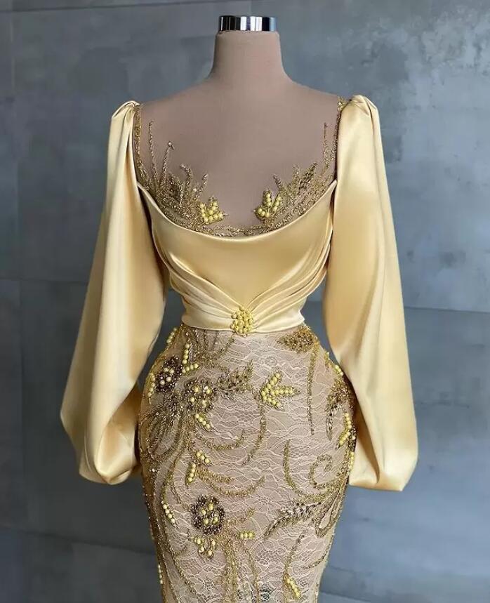 Daffodial Mermaid Long Sleeves Prom Dresses Beading Sheer Neck Evening Dress Custom Made Gorgeous Women Formal Celebrity Party Gown